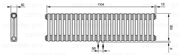 Схема (чертеж) Радиатор Zehnder Charleston 2035/24 №5410 Белый глянцевый RAL 9016